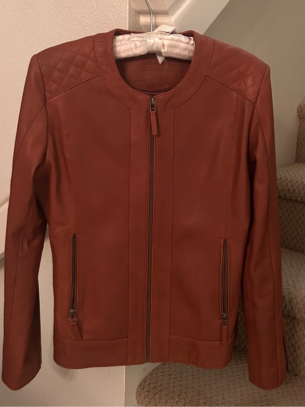 Women's Cognac Leather Zip Jacket with Quilted Shoulders